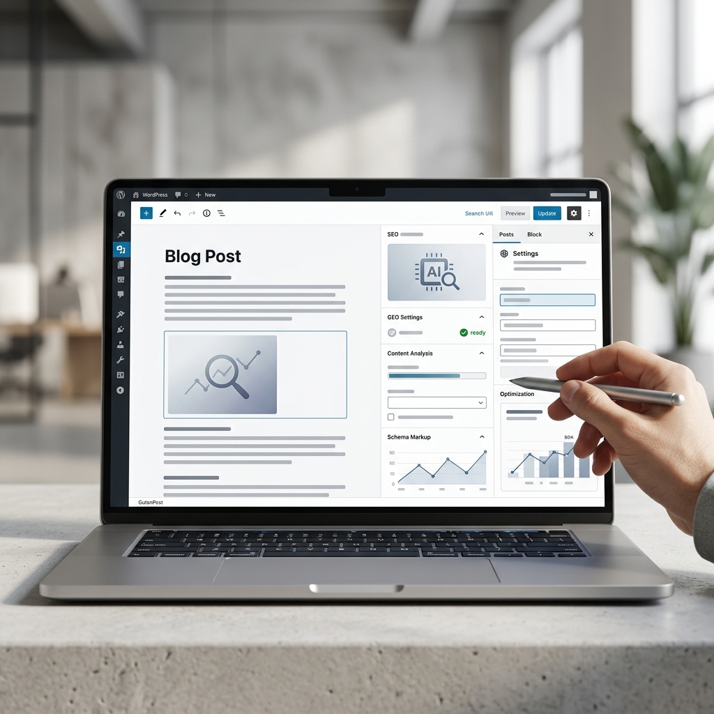צילום מסך של ממשק עריכת תוכן ב-WordPress המציג הגדרות SEO, ניתוח תוכן ונתוני אופטימיזציה למנועי חיפוש, כאשר יד אוחזת בעט דיגיטלי ומצביעה על המסך.